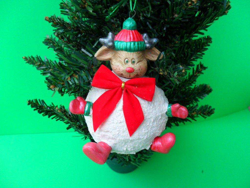Ceramic painted reindeer in a snowball christman ornament