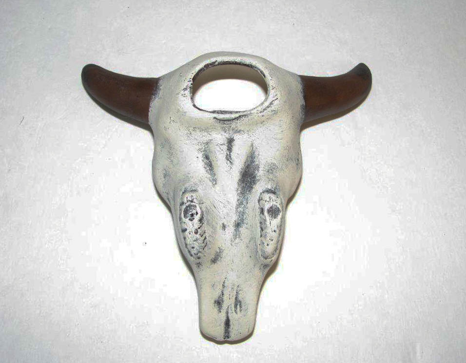 ceramic painted cow, steer, buffalo skull